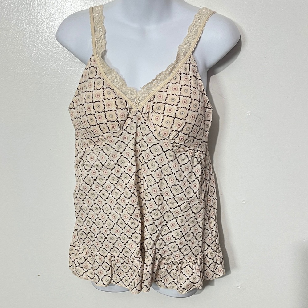 L.e.i. Camisole Top Women XXL Cream Floral Lace Trim‎ Smocked Peplum Y2K Boho